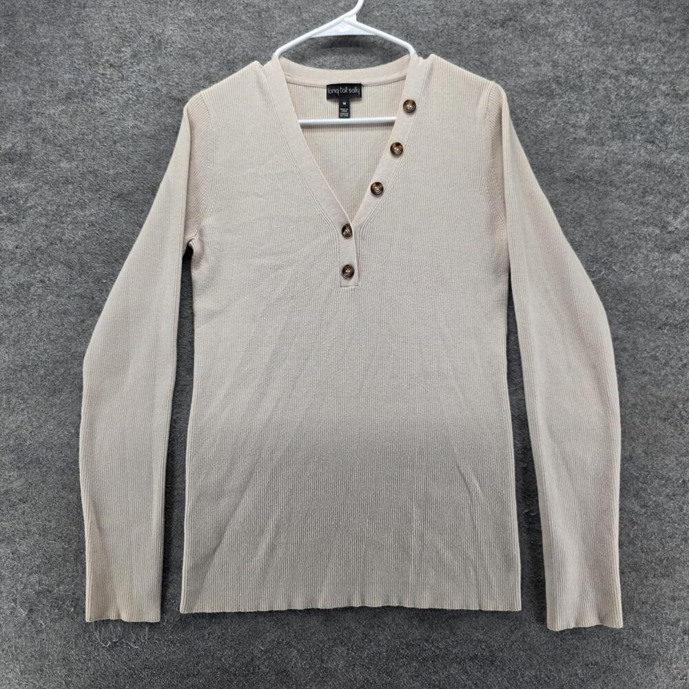 Long Tall Sally Sweater Pullover Womens M Beige V-Neck Button Trim Ribbed Knit